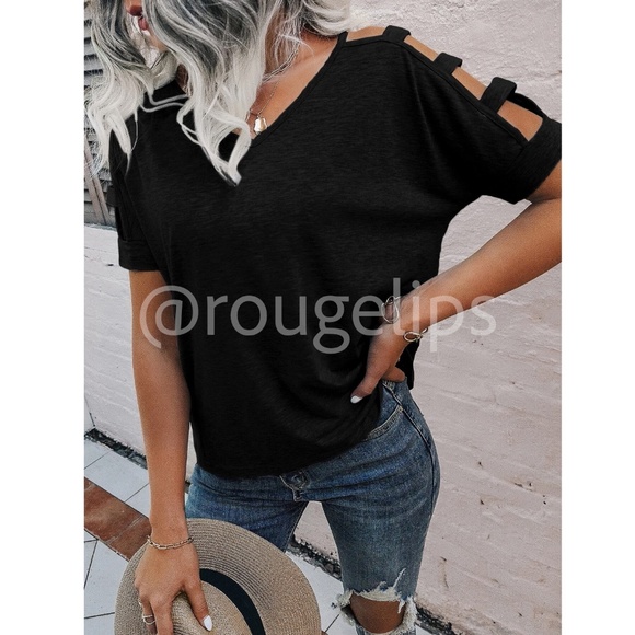 Black Casual Tee Shirt Cold Shoulder, Straps Short Sleeve Regular Fit - Picture 5 of 8